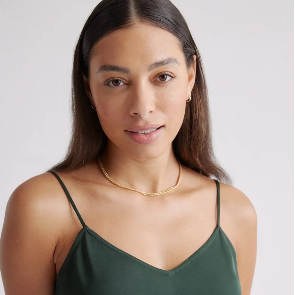 Quince Washable Stretch Silk V-Neck Cami, forest green, size small - Picture 2 of 7